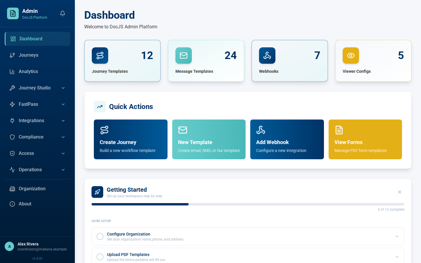DocJS Admin dashboard with journey templates, message templates, webhooks, and viewer configs