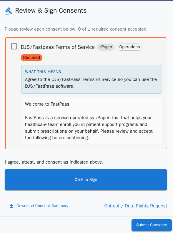 The DocJS consent review dialog requiring signature before a participant can continue