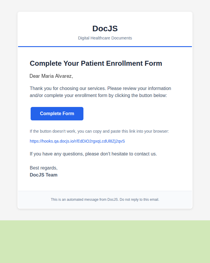 A DocJS magic-link email inviting a patient to complete their enrollment form
