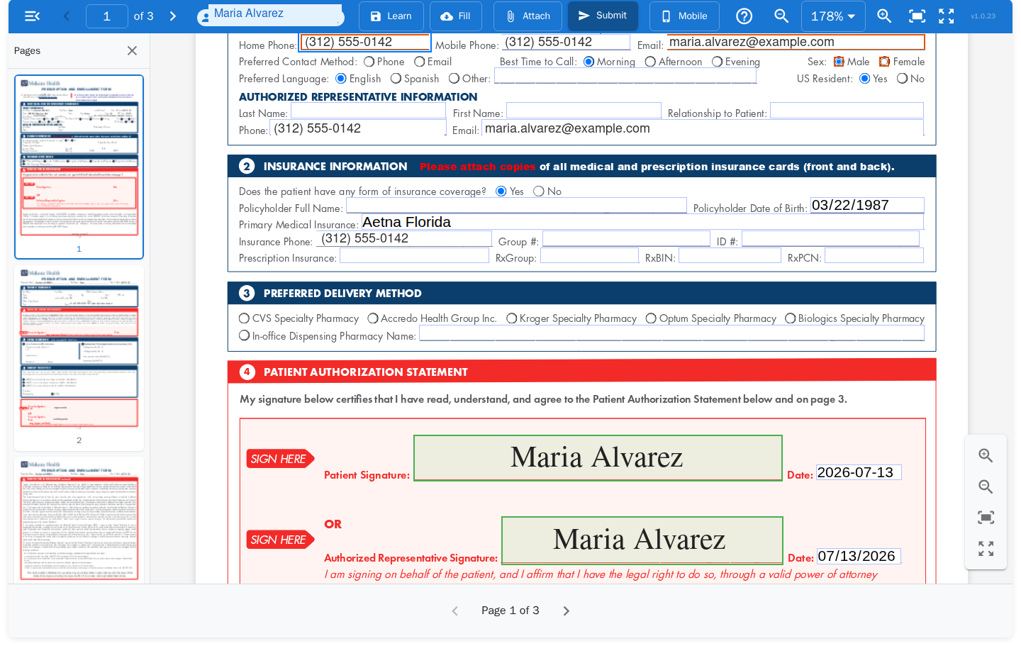 A patient enrollment form being completed in the DocJS viewer, with role-assigned fields and signatures